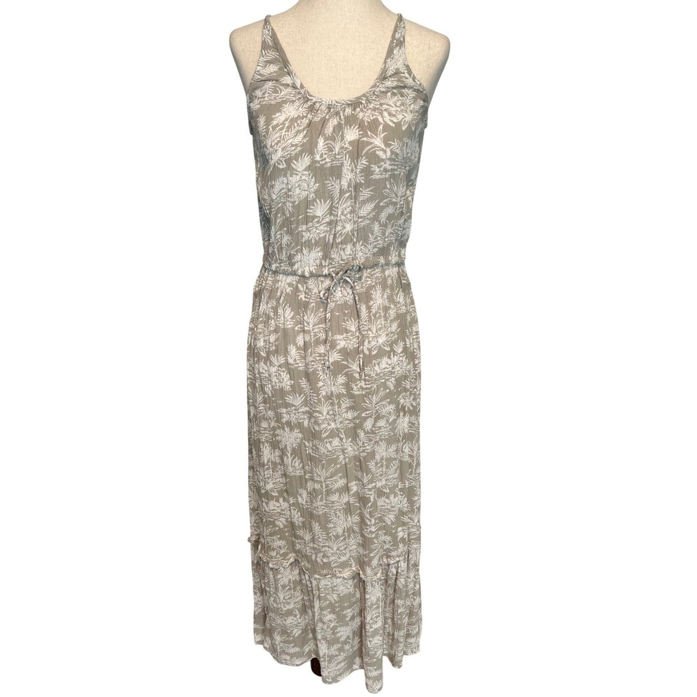 Myra Bay Womens M Maxi Dress Taupe White Tropical Palm Print Ruffle Hem Beachy